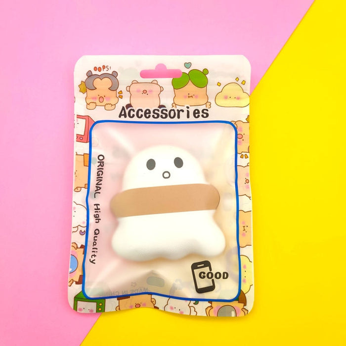 Ghostly Puff Sponge for Haunting Beauty: white, pink ghost character, kawaii cartoon style