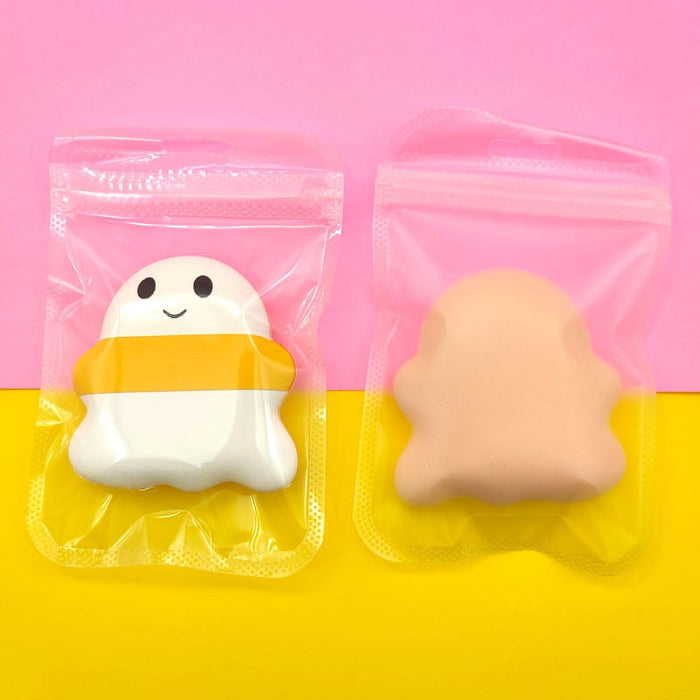 Ghostly Puff Sponge for Haunting Beauty: white, pink ghost character, kawaii cartoon style