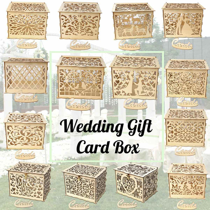 Gift Card Holder for Weddings: light natural wood beige, brown shadow accents wedding-themed cutout designs including floral