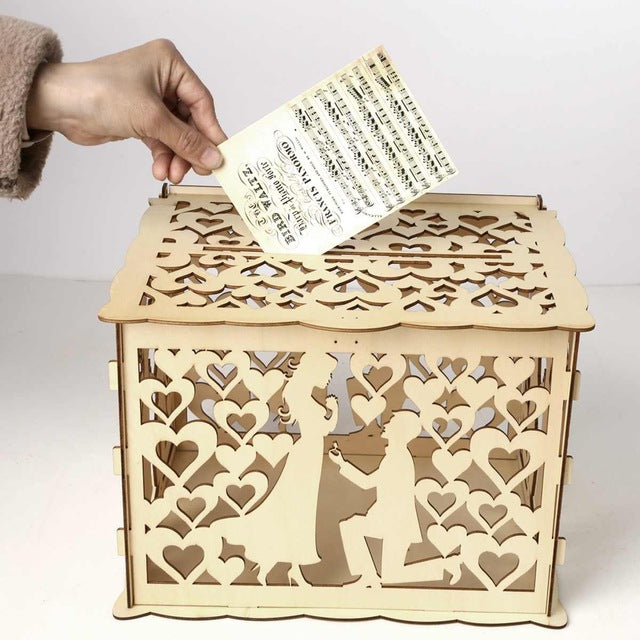 Gift Card Holder for Weddings: light natural wood beige, brown shadow accents wedding-themed cutout designs including floral