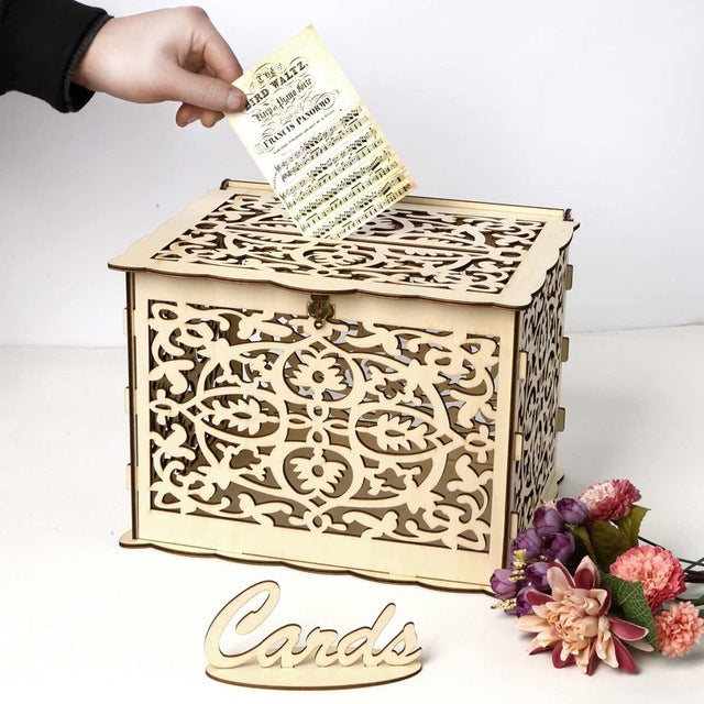 Gift Card Holder for Weddings: light natural wood beige, brown shadow accents wedding-themed cutout designs including floral