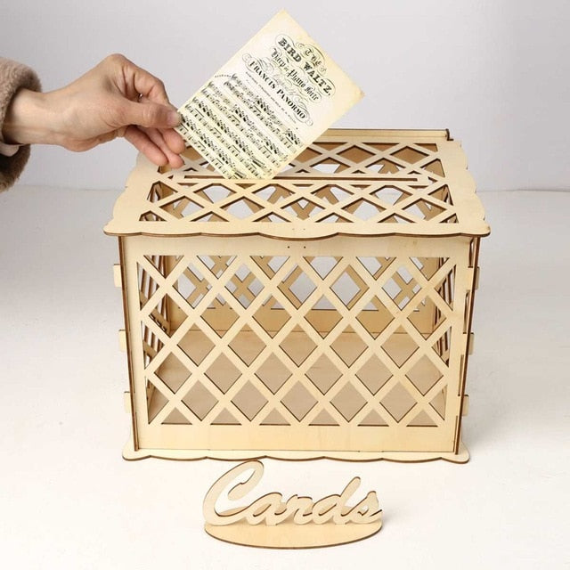 Gift Card Holder for Weddings: light natural wood beige, brown shadow accents wedding-themed cutout designs including floral