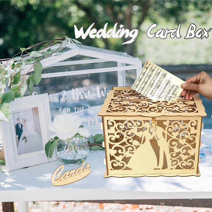Gift Card Holder for Weddings: light natural wood beige, brown shadow accents wedding-themed cutout designs including floral