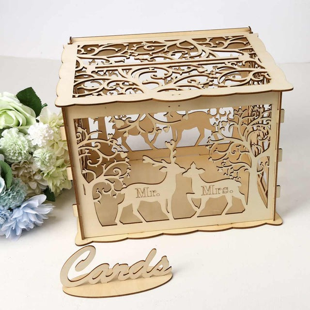 Gift Card Holder for Weddings: light natural wood beige, brown shadow accents wedding-themed cutout designs including floral