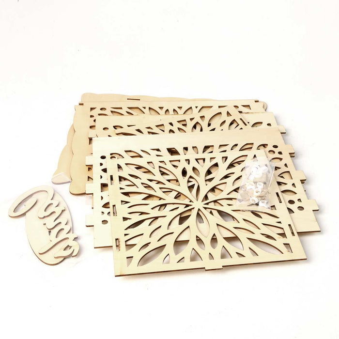 Gift Card Holder for Weddings: light natural wood beige, brown shadow accents wedding-themed cutout designs including floral