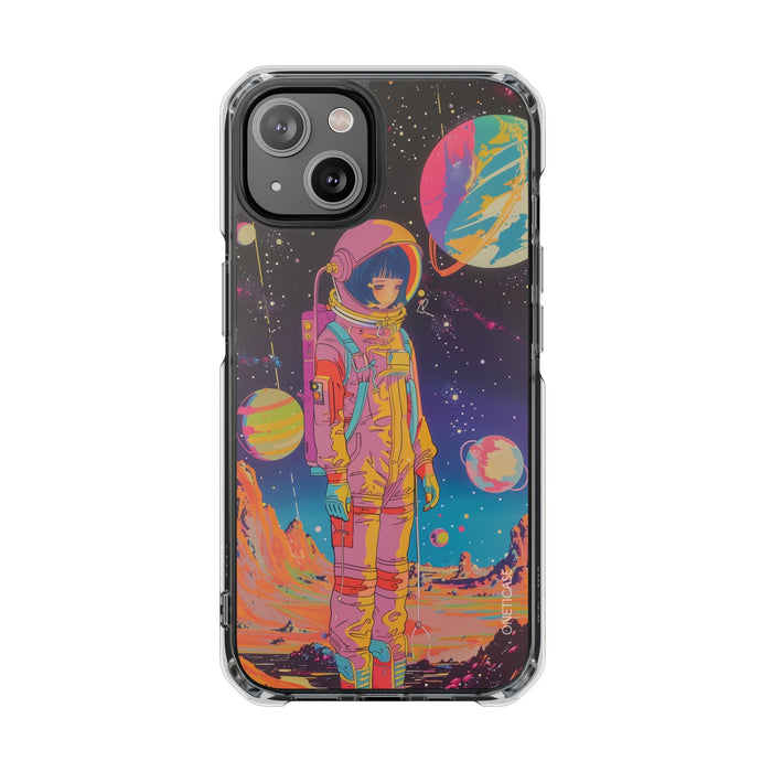 Girl Astronaut Anime on Planet X, Retro Magnetic Clear Case for iPhone Series: black, purple astronaut space scene, retro psy