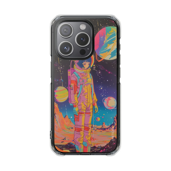 Girl Astronaut Anime on Planet X, Retro Magnetic Clear Case for iPhone Series: black, purple astronaut space scene, retro psy