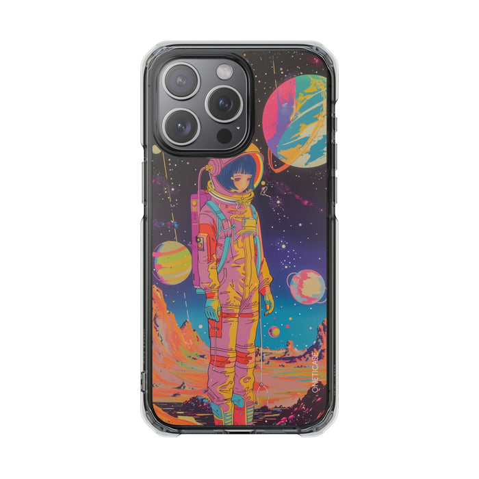 Girl Astronaut Anime on Planet X, Retro Magnetic Clear Case for iPhone Series: black, purple astronaut space scene, retro psy