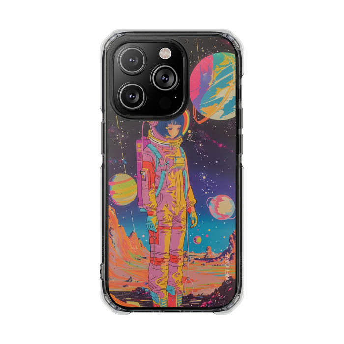 Girl Astronaut Anime on Planet X, Retro Magnetic Clear Case for iPhone Series: black, purple astronaut space scene, retro psy