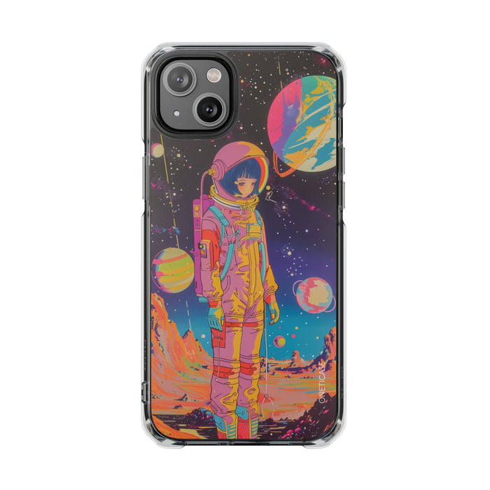 Girl Astronaut Anime on Planet X, Retro Magnetic Clear Case for iPhone Series: black, purple astronaut space scene, retro psy