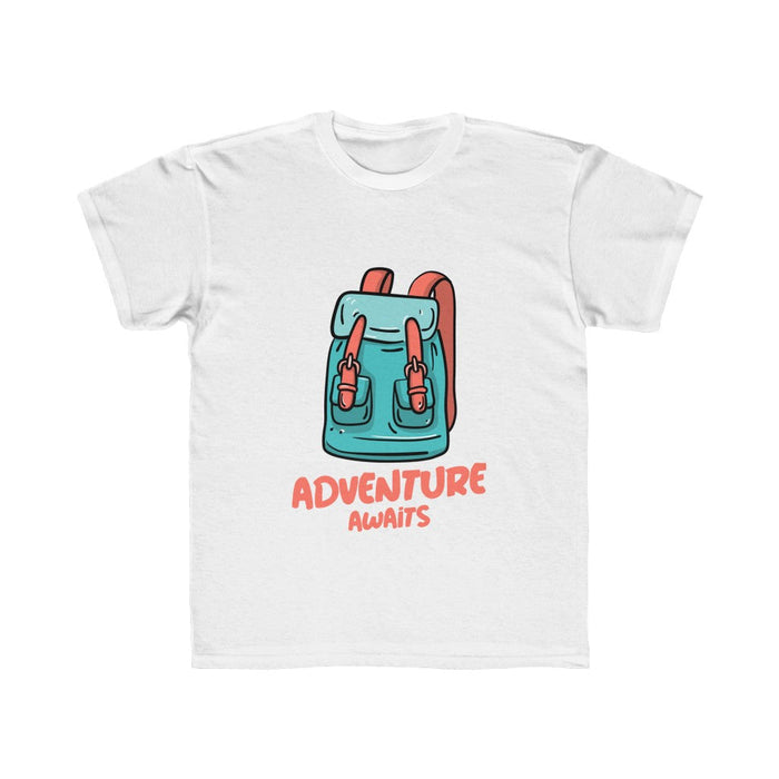 Girls' T-Shirt Embarking on an Exciting Journey: white, light gray backpack / adventure theme, cartoon style