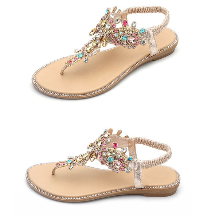 Gladiator Sandals with Rhinestone Embellishments: beige, gold embellished flat sandals, glamorous bohemian style