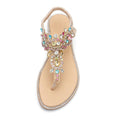 Gladiator Sandals with Rhinestone Embellishments: beige, gold embellished flat sandals, glamorous bohemian style