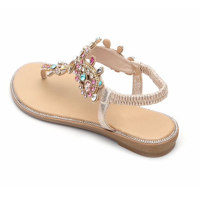 Gladiator Sandals with Rhinestone Embellishments: beige, gold embellished flat sandals, glamorous bohemian style