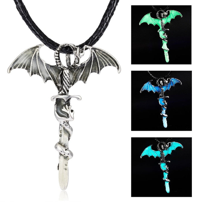 Glow-in-the-Dark Dragon Pendant Necklace: silver, black dragon, fantasy gothic style