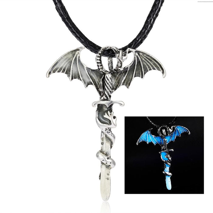Glow-in-the-Dark Dragon Pendant Necklace: silver, black dragon, fantasy gothic style