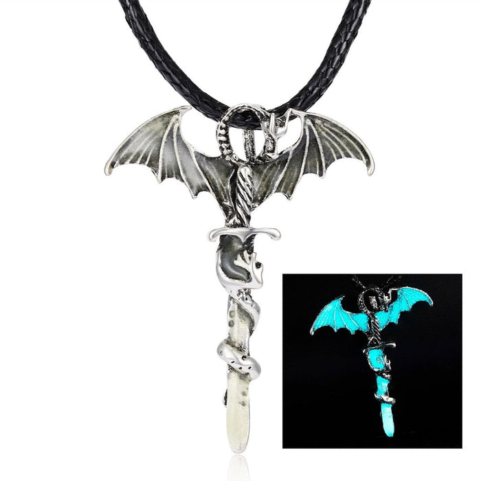 Glow-in-the-Dark Dragon Pendant Necklace: silver, black dragon, fantasy gothic style