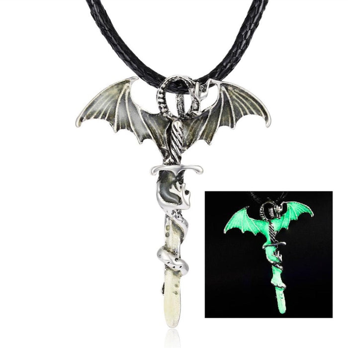 Glow-in-the-Dark Dragon Pendant Necklace: silver, black dragon, fantasy gothic style