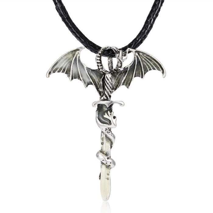 Glow-in-the-Dark Dragon Pendant Necklace: silver, black dragon, fantasy gothic style