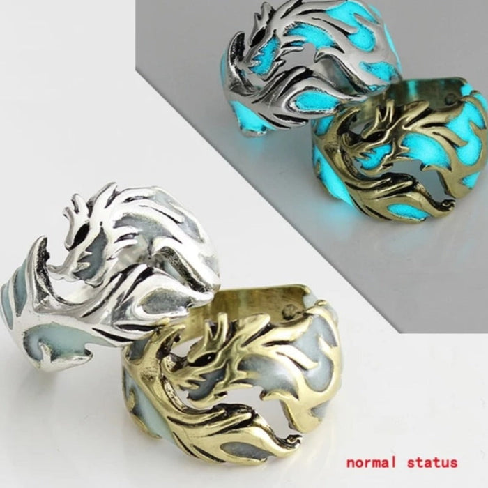 Glow in the Dark Dragon Ring for Men: silver, gold dragon, fantasy style