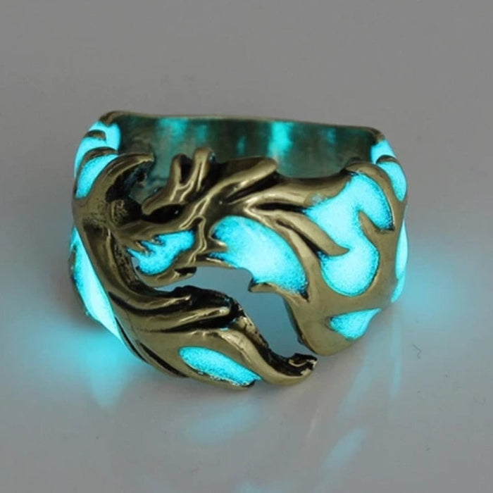 Glow in the Dark Dragon Ring for Men: silver, gold dragon, fantasy style