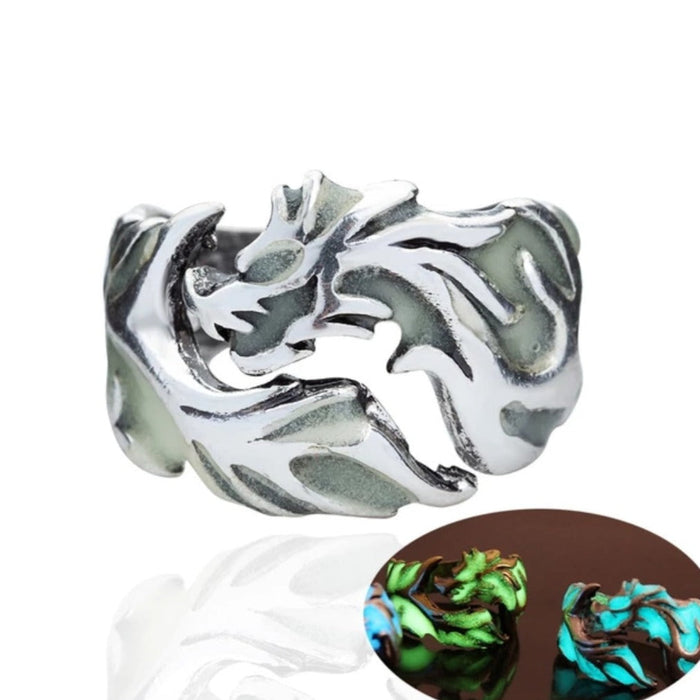 Glow in the Dark Dragon Ring for Men: silver, gold dragon, fantasy style