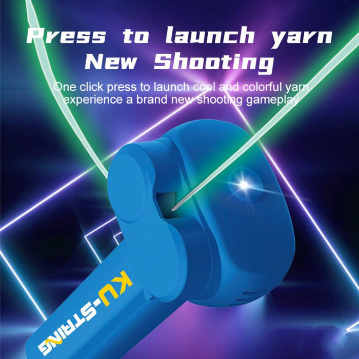 Glow-in-the-Dark Luminescent String Rope Propeller: blue, cyan toy yarn launcher/gun, cartoon futuristic style