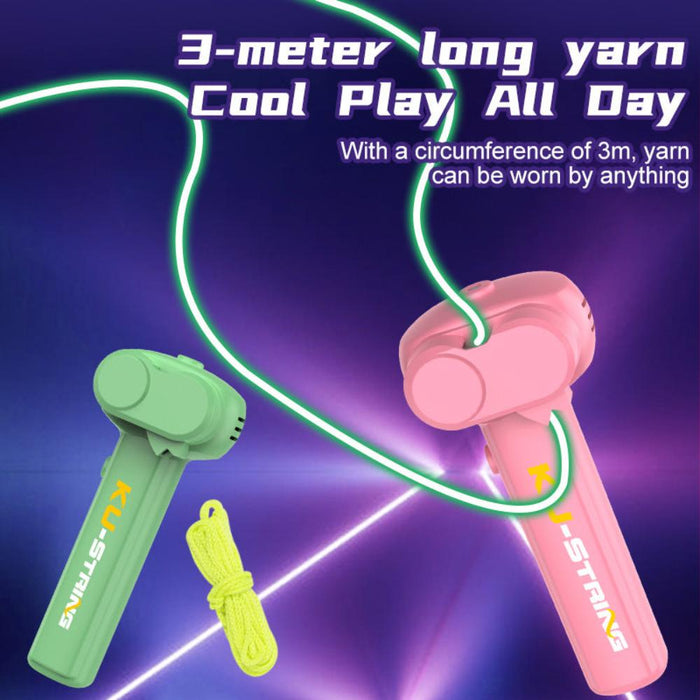 Glow-in-the-Dark Luminescent String Rope Propeller: blue, cyan toy yarn launcher/gun, cartoon futuristic style