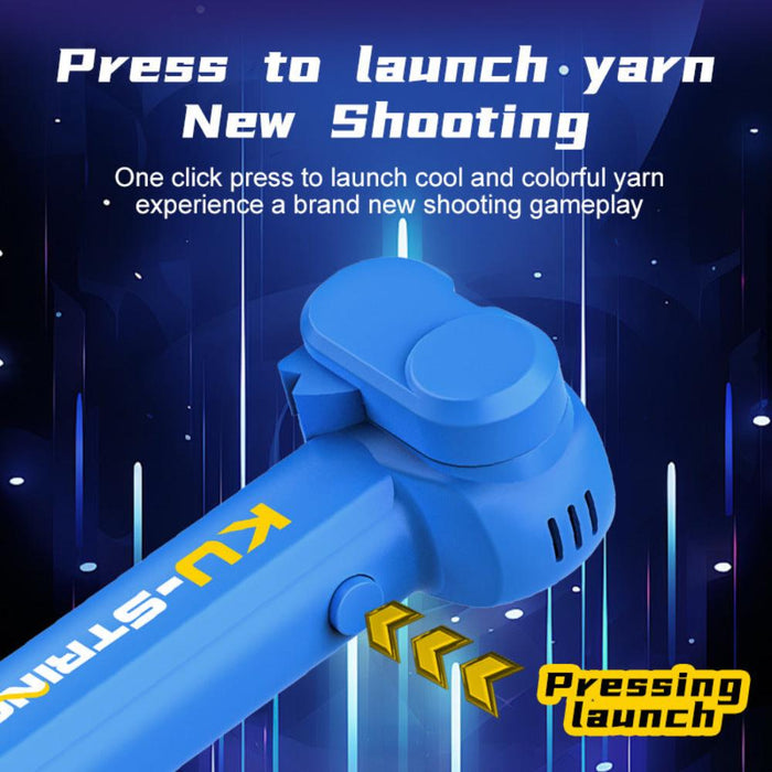 Glow-in-the-Dark Luminescent String Rope Propeller: blue, cyan toy yarn launcher/gun, cartoon futuristic style