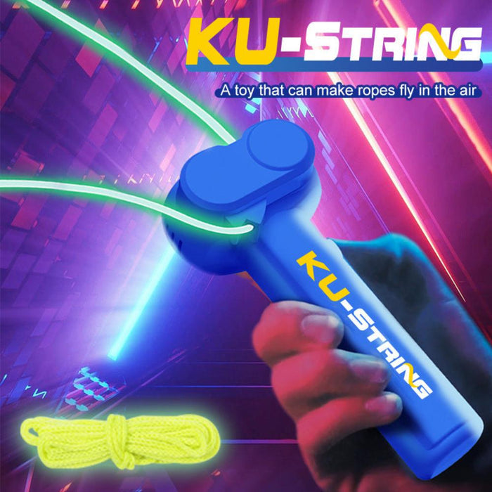Glow-in-the-Dark Luminescent String Rope Propeller: blue, cyan toy yarn launcher/gun, cartoon futuristic style