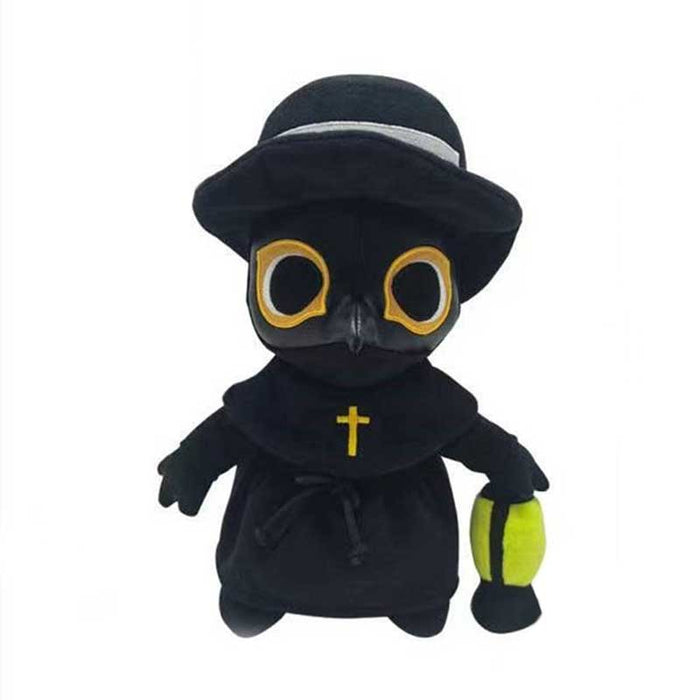 Glow in the Dark Plague Doctor Plush Toy: black, dark gray plague doctor character, cartoon style