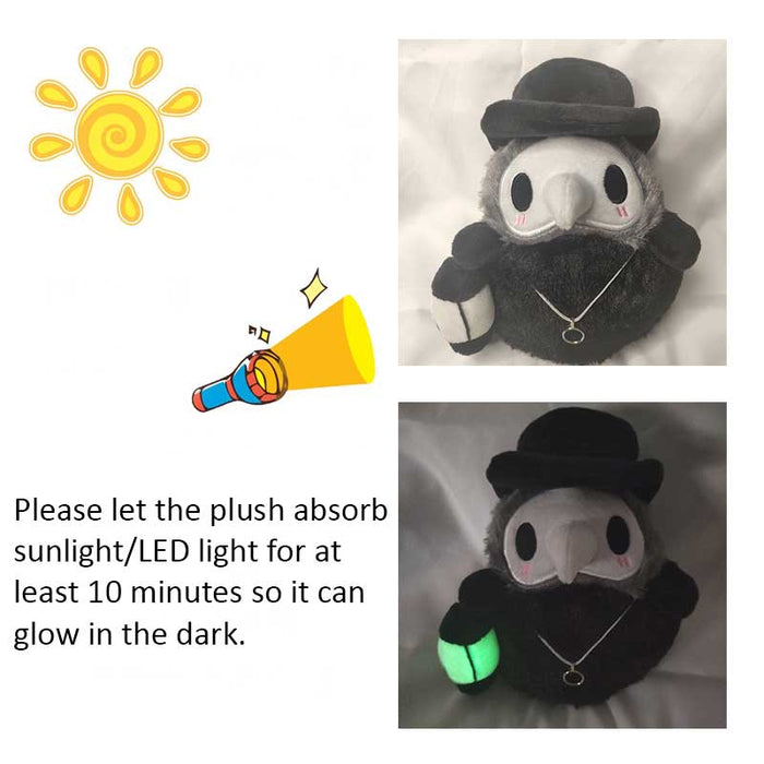 Glow in the Dark Plague Doctor Plush Toy: black, dark gray plague doctor character, cartoon style