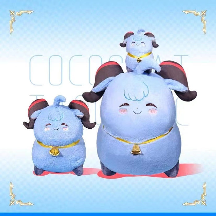 Goat Ganyu Plush Toy, Genshin Collection: light blue, dark brown cartoon ram/sheep, kawaii cartoon style