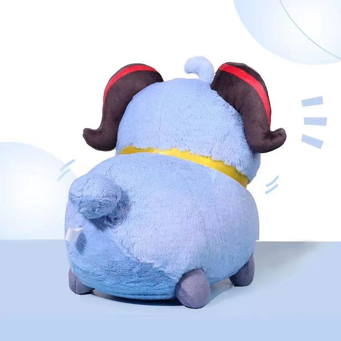 Goat Ganyu Plush Toy, Genshin Collection: light blue, dark brown cartoon ram/sheep, kawaii cartoon style