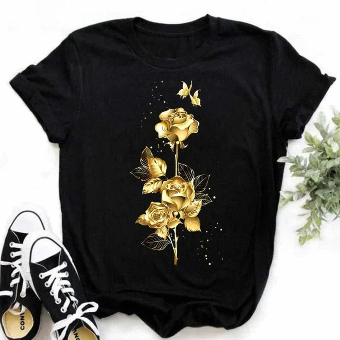 Golden Rose Design Women's Short Sleeve Black Tee for Summer: black, gold gold roses and butterflies floral design, graphic f