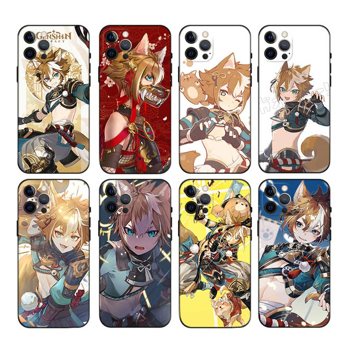 Gorou Genshin Impact Phone Case: white, black anime-style fox-eared character, anime, cartoon, kawaii style