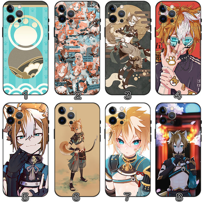 Gorou Genshin Impact Phone Case: white, black anime-style fox-eared character, anime, cartoon, kawaii style