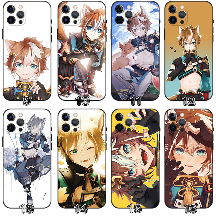Gorou Genshin Impact Phone Case: white, black anime-style fox-eared character, anime, cartoon, kawaii style