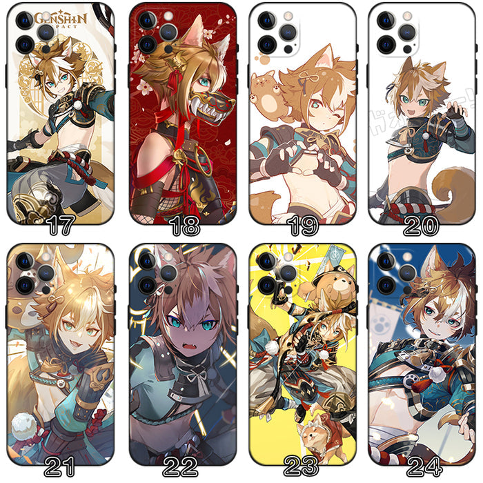 Gorou Genshin Impact Phone Case: white, black anime-style fox-eared character, anime, cartoon, kawaii style
