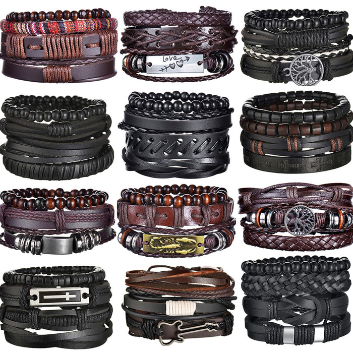 Gothic Layered Bracelet for Men: black, dark brown assorted multi-strand wrist bracelets, casual boho-rock, layered style