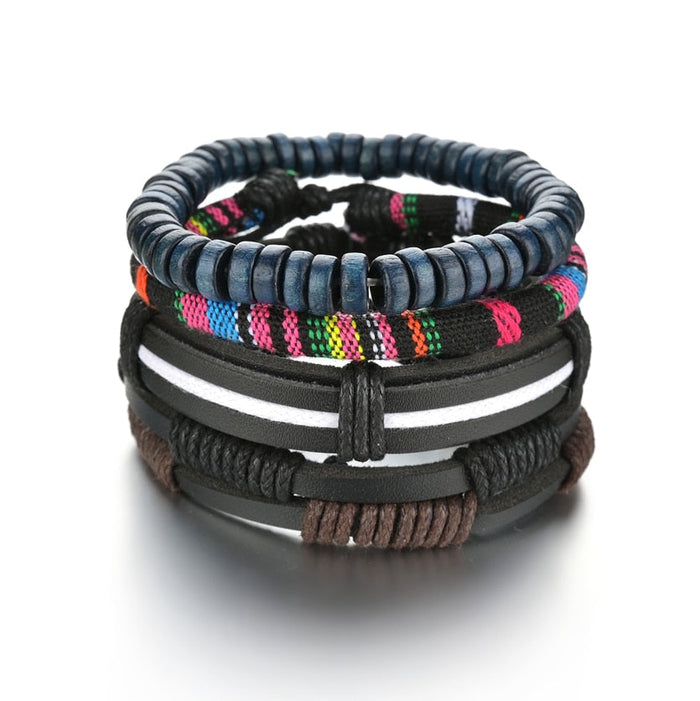 Gothic Layered Bracelet for Men: black, dark brown assorted multi-strand wrist bracelets, casual boho-rock, layered style