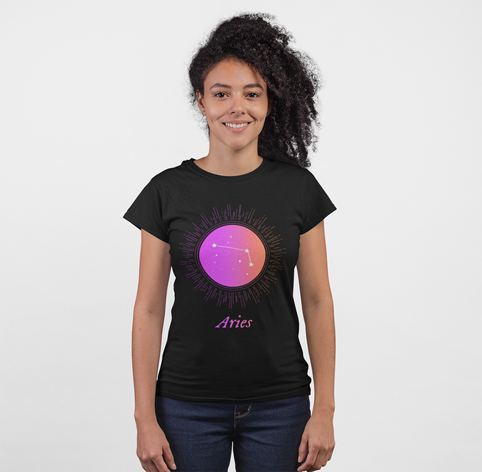 Gradient Aries Zodiac Tee for Women: black, purple Aries zodiac sign, graphic zodiac-themed style