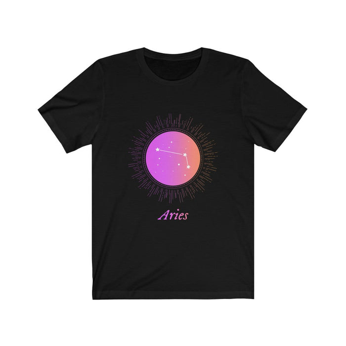 Gradient Aries Zodiac Tee for Women: black, purple Aries zodiac sign, graphic zodiac-themed style