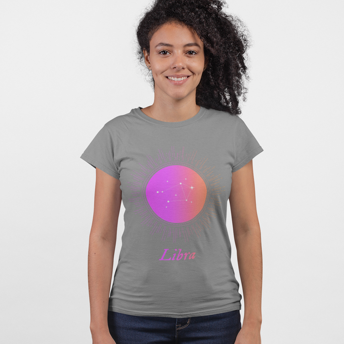 Gradient Libra T-Shirt for Women, Horoscope Zodiac Sign: gray, purple Libra zodiac sign, minimal zodiac graphic style
