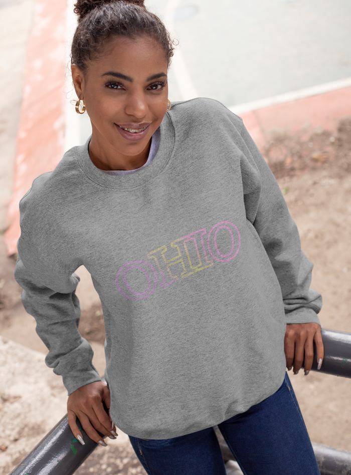 Gradient Ohio State Women's Pullover Sweatshirt: heather gray, pastel pink crewneck sweatshirt, casual minimal style