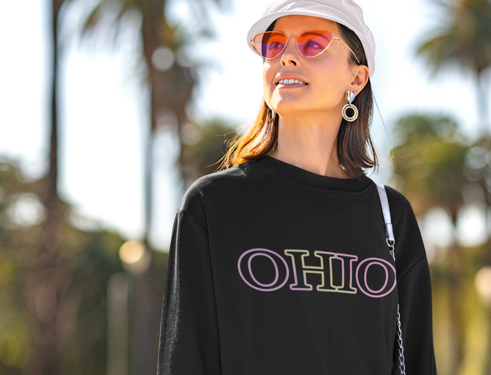 Gradient Ohio State Women's Pullover Sweatshirt: heather gray, pastel pink crewneck sweatshirt, casual minimal style