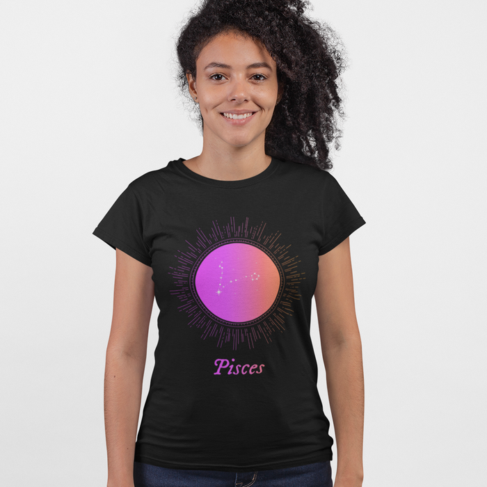 Gradient Pisces Women's Zodiac Tee: black, purple Pisces zodiac sign, celestial zodiac graphic style