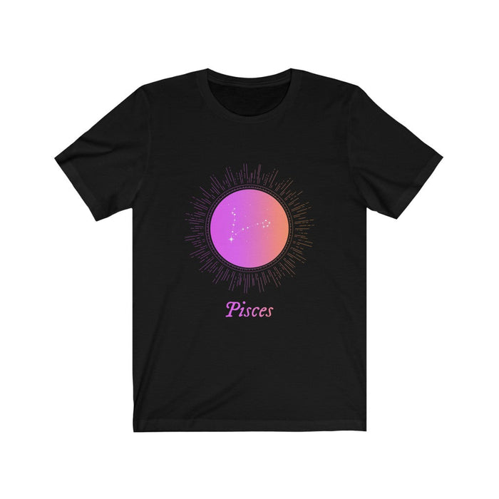 Gradient Pisces Women's Zodiac Tee: black, purple Pisces zodiac sign, celestial zodiac graphic style