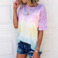 Gradient Rainbow Color Women's T-Shirt with a Magical Unicorn Design: lavender, pink short-sleeve T-shirt, casual pastel tie-