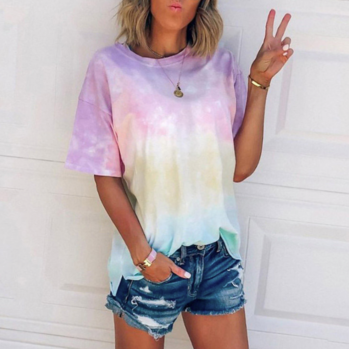 Gradient Rainbow Color Women's T-Shirt with a Magical Unicorn Design: lavender, pink short-sleeve T-shirt, casual pastel tie-